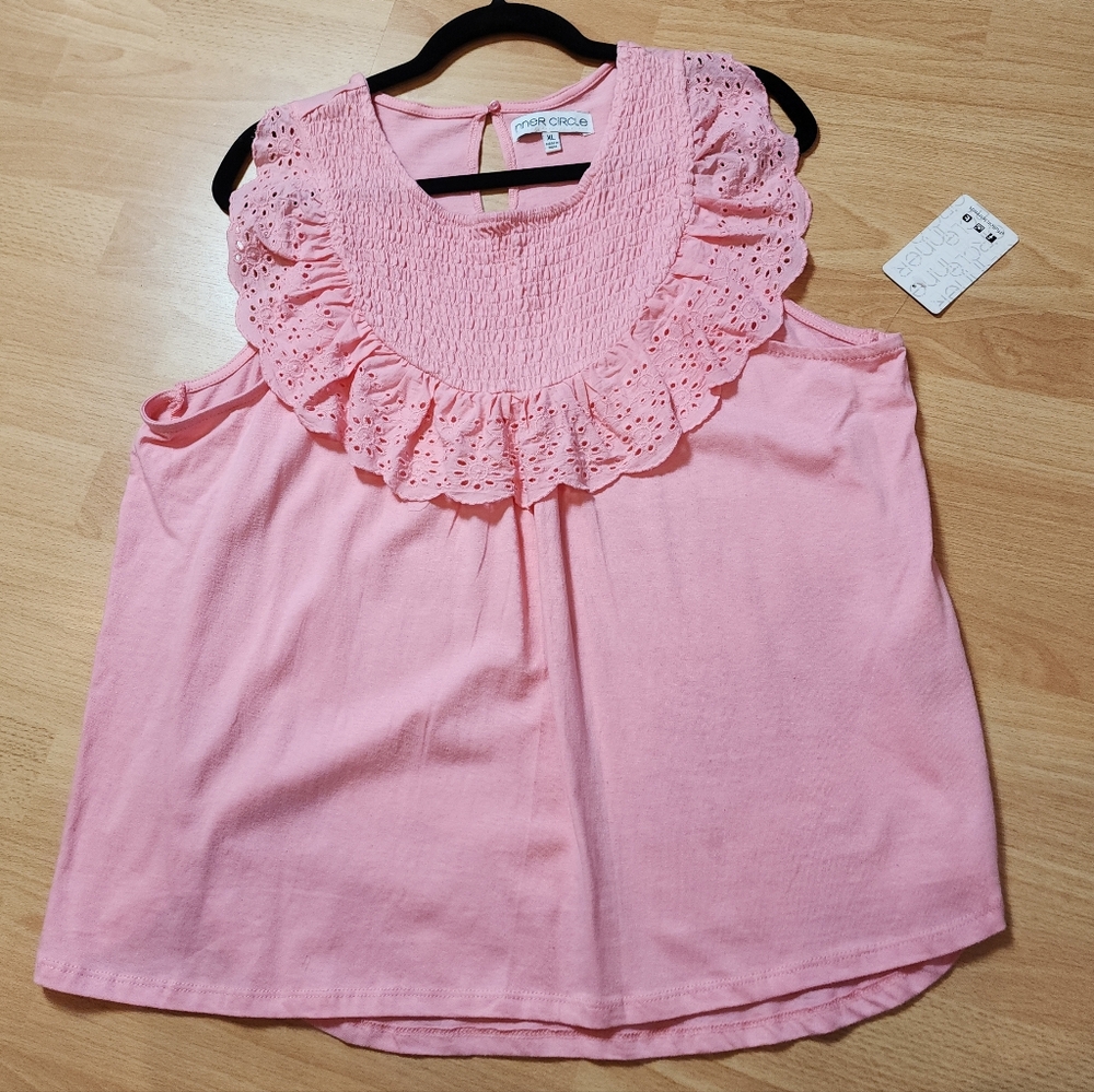NWT Inner Circle 100% Cotton Pink Smocked Eyelet Sleeveless Top Size XL